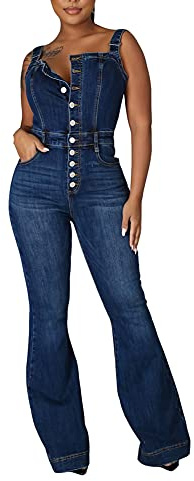 YAOTT Peto Vaquero para Mujer Sexy Verano Ancha Mono de Mezclilla Pantalones Vaqueros Pierna Ancha Mono De Una Pieza Denim Petos de Pantalon Jumpsuit Largo Slim Fit Overoles sin Mangas con Tirantes M