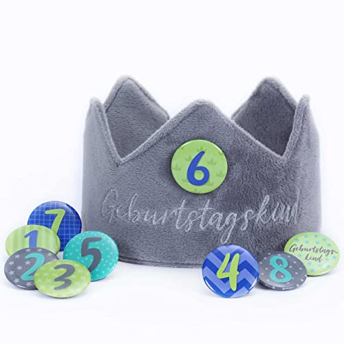 Papierdrachen Geburtstagskrone Samt mit Zahlen - für den Kindergeburtstag - Krone aus Samtstoff mit Button Zahlen von 1-8 | Party Deko Hut für Jungen & Mädchen