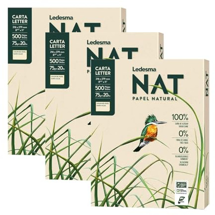 Ledesma NAT, Letter Size (8.5x11) Natural Sugarcane Pulp Printer Paper, For All Office And Photocopy Printers, Designs, Crafts (3 Reams (1500 Sheets))