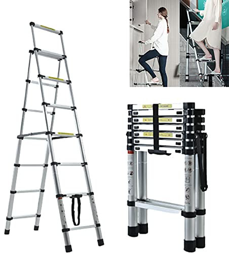 6+7 Step Ladder Heavy Duty StepLadders Telescopic Aluminum A-Frame Ladder Multi-Purpose Extension for DIY Household 150kg/330lbs Max Load EN131 Anti-Slip Lightweight Design