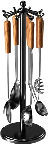 MAYZOLOP Kitchen Countertop Utensil Holder, Stainless Steel Rotatable Cooking Utensils Holder with 8 Rotating Hooks, Hanging Organizer for Spoon, Spatula, Black