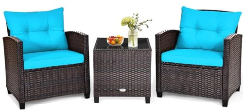 HAPPYGRILL 3 Pieces Patio Conversation Set, Outdoor Furniture Set PE Rattan Sofa Set with Removable Cushions, PE Wicker Chairs with Tempered Glass Side Table for Porch Lawn Garden Balcony Backyard
