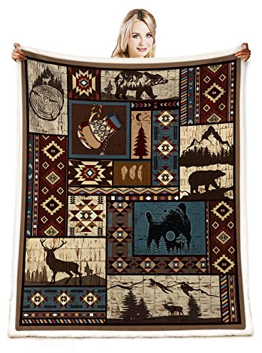 Couverture d'automne aztèque Rustique du sud-Ouest américain – Navajo, Mexicain, Indien, Ours et cerf – Décoration de Ferme pour canapé, lit, Salon