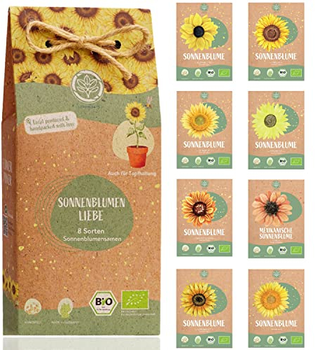 Bio Sonnenblumen Samen Set I 8 Sorten Sonnenblumensamen I Blumensamen Geschenk Set mit Riesen und kleine Sonnenblumen. Sommerblumen Samen als Blumen Samen Geschenk I Blumen Saatgut von Loveplants