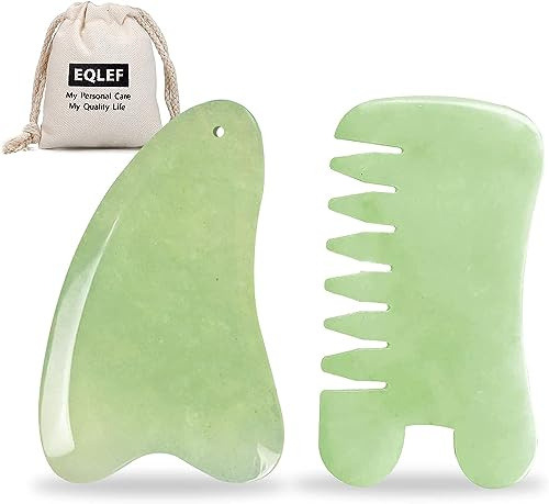 Jade Gua Sha Stein 2 Pcs, Gua Sha Kamm und Herz Gua Sha Schaber Board Natürliches Guasha Werkzeug Gesicht Körper Gua Sha Massage Stein für Spa und Hautpflege