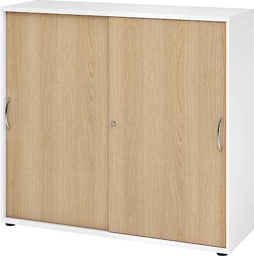 bümö Schiebetürenschrank 3OH - Aktenschrank abschließbar, Sideboard Schrank mit Schiebetüren in Weiß/Eiche, Bogengriff - Büroschrank aus Holz mit Schiebetür, Büro Kommode für Ordner & Co.