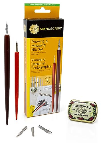 MANUSCRIPT Leonardt Drawing & Mapping Calligraphy Set. The Best Calligraphy Beginners Set. A Calligraphy Pen For Drawing, Writing, Lettering And Sketching. Features x2 Dip Pens & Five Nibs.