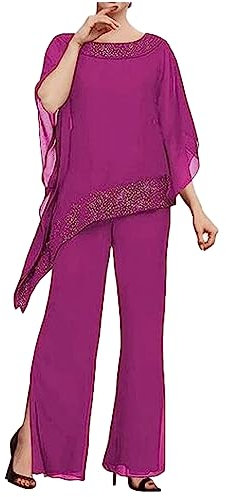 3 piezas con cuentas madre de la novia pantalones trajes de gasa boda invitada traje formal vestido de noche, fucsia, 48