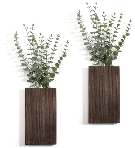 Vesici 2 Pack Wood Wall Planter Vase with Artificial Plants Indoor Plants Holder Pocket Farmhouse Wooden Vases Wall Flower Hanging Plant Decor for Bedroom Kitchen Office Home(Eucalyptus,Wood)