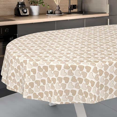 Mantel de Hule fácil de Lavar, para jardín, Exterior e Interior, Ovalado, 200 x 140 cm, Borde de Corte, diseño de Corazones, Beige