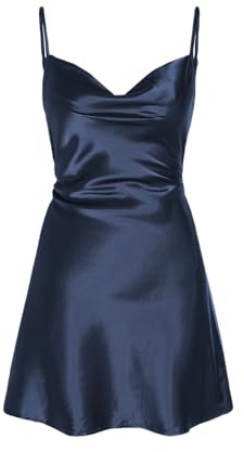 CIDER Women Summer 2025 Wedding Guest Cocktail Dresses Solid Satin Cowl Neck Cami Mini Dress, Navy Blue, XS