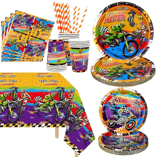 Dirt Bike Party Supplies, Includes Plate, Napkin, Cups, Tablecloth, for Kids Boys Girls Motorcycle Extreme Sports Birthday Decorations, Serve 20 (Serves 20)
