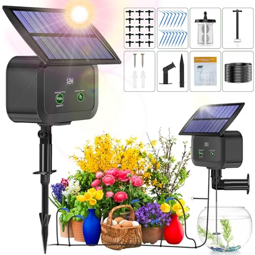 Kit de système d'irrigation goutte à goutte solaire, système d'arrosage automatique avec 30 modes de fonctionnement et 10 intervalles d'arrosage prend en charge 15 plantes en pot, kit d'irrigation