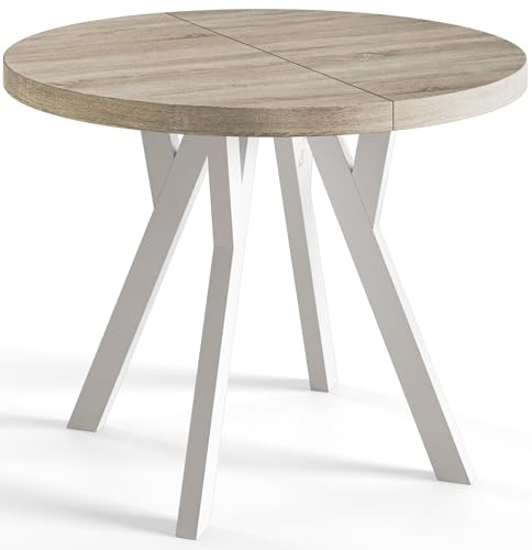 AlpiMeble Esstisch Ausziehbar OVO, 90-190cm, Stabile Beine, Sonoma | Runder Tish, Moderner Design, Wohnzimmertisch und Küchentisch, Stabile Konstruktion, Weiße Beine
