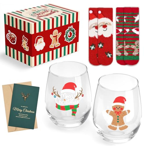 Joymaking Weihnachtsgläser 2er Set mit Weihnachtssocken, Glühweingläser, Weihnachtsglas Geschenke, Trinkglas Weihnachten, Weihnachtsgeschirr, Wichtelgeschenke, Glas Weihnachten, Weihnachtsgläser 520ml