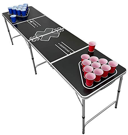 TEKONA Ensemble de table Beer Pong sans trous – Avec 100 gobelets (50 rouges et 50 bleus), 6 balles et règles – Design classique