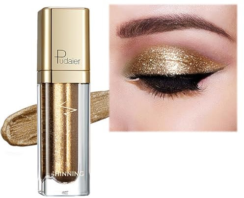 Metallic Liquid Glitter Eyeshadow - Long Lasting Waterproof Matte Shimmer - Highly Pigmented Sparkly Eye Shadow - Easy to Blend - with Eyeliner Pen - Gold
