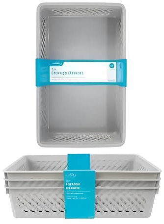 ADEPTNA Set of 3 Grey Plastic Storage Baskets – 26.5cm x 17cm x 6cm – Large Stackable Organiser Boxes for Bathroom, Kitchen, Cupboard, and Shelf Storage – Durable Space-Saving Baskets