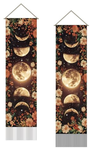 SUPERDANT Tapices de pared con fases de luna y flores de luna, 2 piezas, 116 x 33 cm, para sala de estar y dormitorio