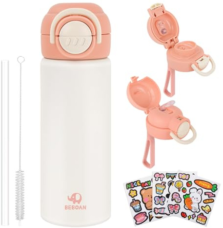 BEBOAN Edelstahl Trinkflasche mit Strohhalm 2-in-1 (Direkttrinken & Trinkhalm) Thermosflasche Kinder Isolierflasche Auslaufsicher Flasche BPA-frei Wasserflasche für Kleinkind Kindergarten, 550ml Rosa