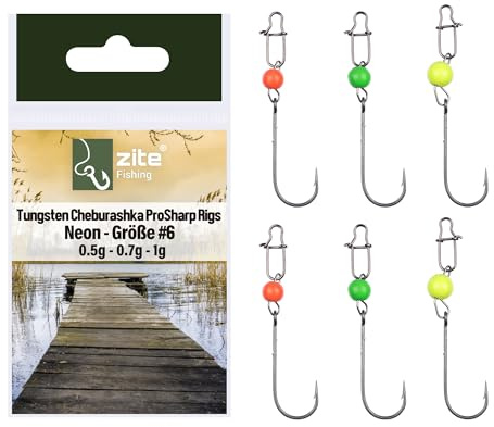 Zite Fishing Tungsten Cheburashka Pro Sharp Rigs Set | 6 STK UL Cheburaschka Forellen-Haken | Baitholder Hooks #4 - #8 mit 0,5g/0,7g/1,0g Neon UV Aktiver Tungstenperle | Ultra