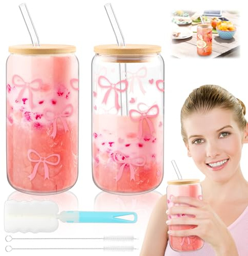 2 Stück Trinkbecher mit Deckel und Strohhalm Multifunktional Matcha Gläser | Trinkglas mit Strohhalm und Deckel Glas mit Strohhalm Trinkglas für Tee Iced Coffee Cocktails Teenager Mädchen Geschenke