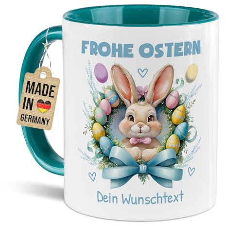 Tassendruck Personalisierte Ostertasse mit Name selbst gestalten - Frohe Ostern - Hase mit Osterkranz - Ostergeschenke für Freundin, Kollegin - Keramiktasse, 300 ml, Innen & Henkel Türkis