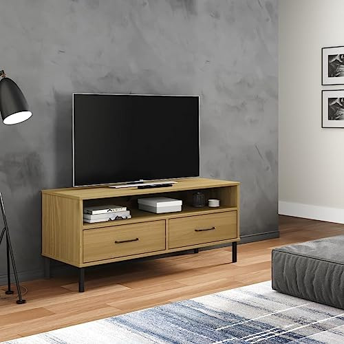 JHQHSM TV Stand with Metal Legs, Entertainment Center Media Console Lowboard Console Table Television Stands Suitable for Living Room Bedroom Lounge Home Office Brown Solid Wood Pine