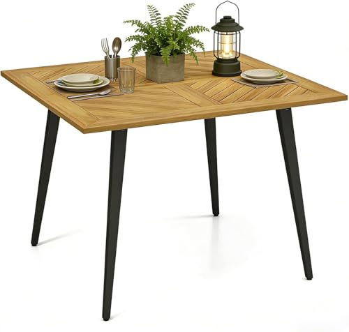 COSTWAY Tavolo Esterno in Legno di Acacia, Foro per Ombrellone 107 x 107 cm | Tavolo Rettangolare Giardino con Struttura in Metallo, Foro 5 cm, per Giardino Cortile Balcone, Portata 75 kg
