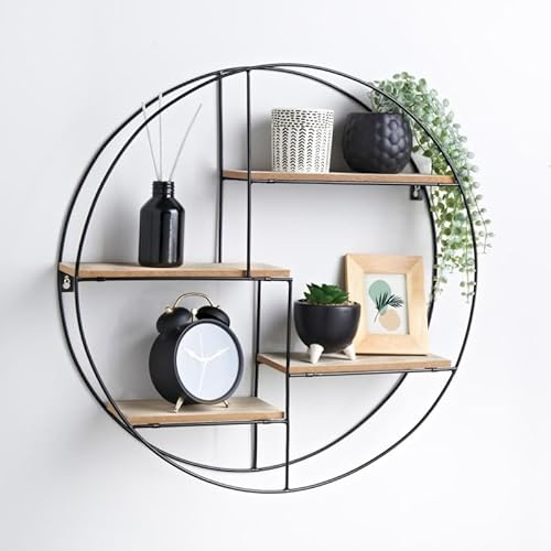 MEHRU Round Multi-Section Shelf, Round Wall Shelf Unit, 4-Tier Display Storage, Circular Wall-Mounted shelf with Metal Frame and Wooden Boards, Metal Wire Wall shelf, Decorative Floating shelf.