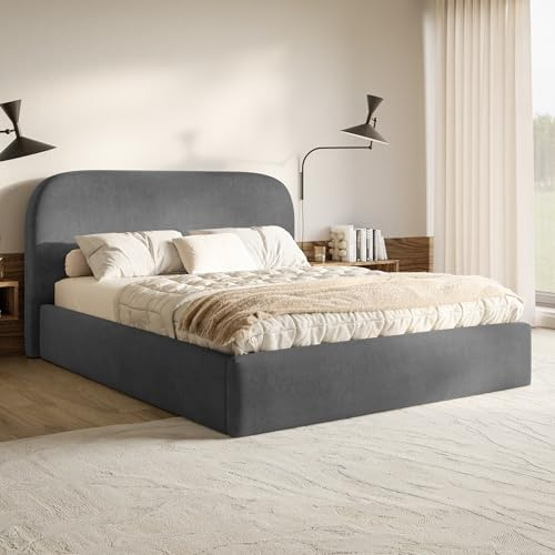 MOTIVENA Mono Bett 120x200 Grau Samt, mit Stauraum, mit Kopfteil, mit Lattenrost, ohne Füße, mit Matratze H3/H3, Polsterbett 120x200 mit Bettkasten Grau (Anthrazit)