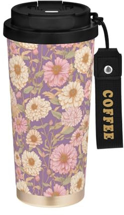 linqin Vaso grande de café de viaje con diseño floral rosa con tapa, vasos de acero inoxidable aislados para frío y calor, 17 onzas, a prueba de fugas