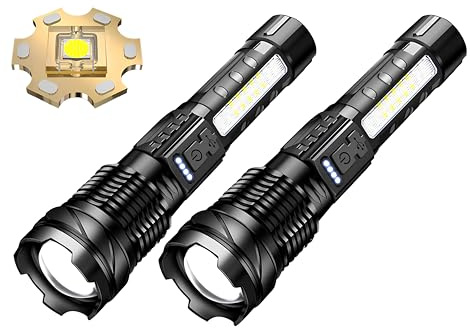 LED Taschenlampe aufladbar USB extrem hell mit Zoom und COB Seitenlicht | effektive Leuchtweite -200m, rot/blau Blitzlicht, Stroboskop, Handschlaufe, Gürtelclip, integrierter 18650 Akku