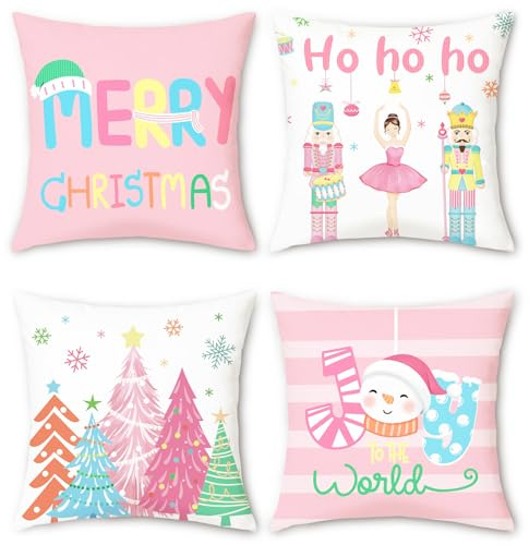 Bonhause Federe per Cuscini Natale 45 x 45 cm Copricuscini Decorativi Alberi di Natale Schiaccianoci Fiocchi Rosa Federa per Cuscino Divano Letto Casa Decorazione Set di 4