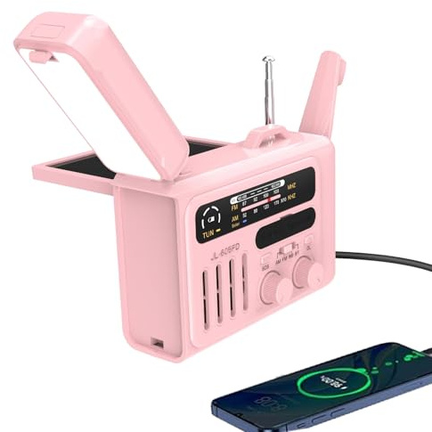 VBESTLIFE Notfallwetter Radio AM/FM, 80000 MWh, Typ C/Solar/Handkurbelladung, Batteriebetriebene SOS -Alarm und Taschenlampe für den Innenraum Im Freien (PINK)