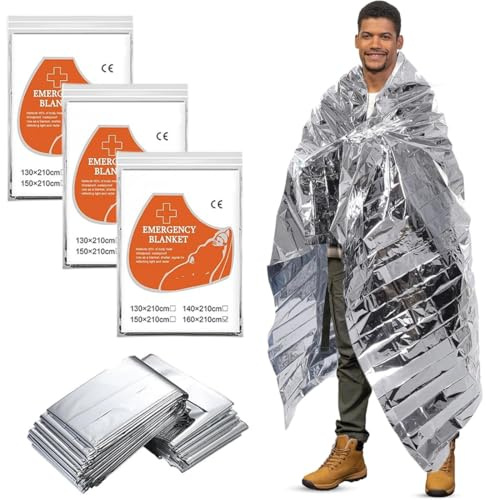 NJCXOLA Coperta Termica Emergenza, Coperta Isotermica, Coperta Termica di Pronto, Primo Soccorso e Outdoor –Trattiene Calore e Protegge da Sole e Freddo, Argento(210×160cm,3pcs)