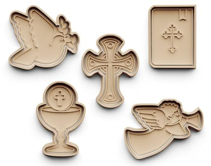 Keksausstecher Set Kommunion – 5-teilig – Ausstecher mit Stempel – Kreuz, Friedenstaube, Bibel, Kelch, Engel mit Trompete – Aus PLA – Christliche Motive zur Erstkommunion & Konfirmation