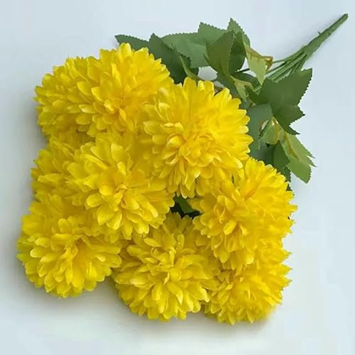 GVEKJ 9 têtes de Fleurs artificielles, Boule de chrysanthème, Hortensia, décoration d'intérieur, Bouquet de Plantes Vertes, Bouquet de mariée, décoration de Mariage DIY - Jaune