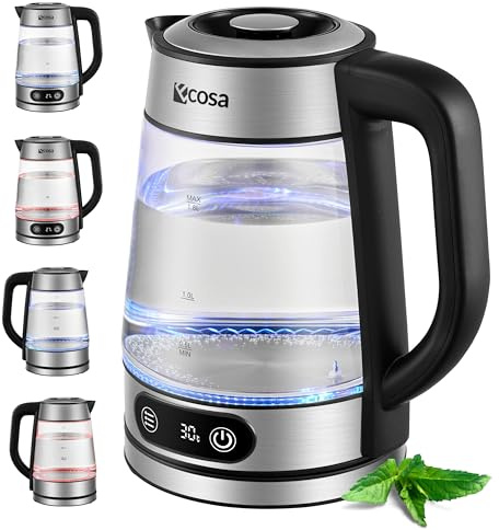 Ecosa Hervidor de cristal con ajuste de temperatura - 1,8 l - 2200 W - Acero inoxidable - Con elección de temperatura - 100% libre de BPA - Función de mantenimiento caliente - Luz LED - Función