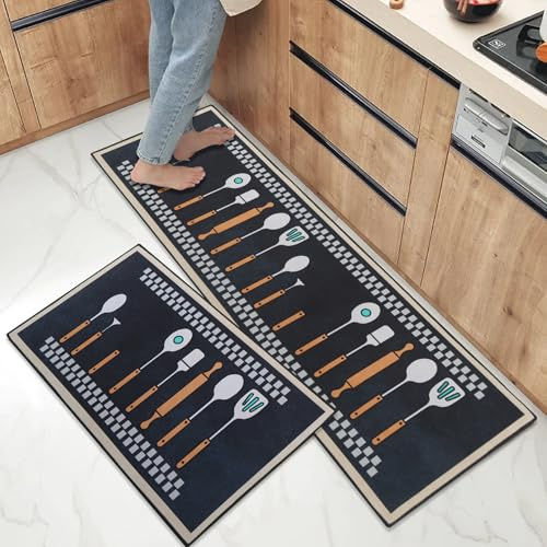 OPLERT 2 Stück Küchenteppich,rutschfeste waschbare Küchenmatten,Wasser und Öl absorbieren,Waschbare Bodenmatten, für Esszimmer, Küche, Flur Läufer,Grau,43x75+43x150cm