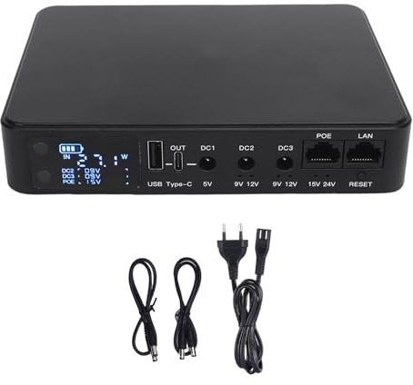 Luocute Mini UPS 18000MAH POE15V 24V USB 5V 9V 12V, Fuente de Alimentación Ininterrumpida con Pantalla HD para la Cámara de Seguridad del Módem del Enrutador, Paquete de Baterías de (Enchufe de la UE)