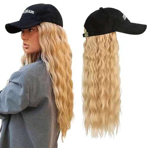 Blonde Perückenkappe für Damen Synthetische lange gewellte | Lockenperücken mit schwarzer Baseballkappe Für den täglichen Gebrauch