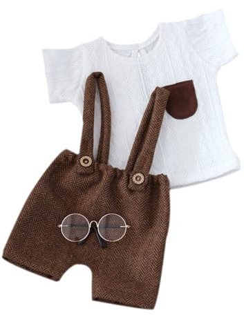 Newborn Photoshoot Apparel Baby Blouse with Eyewear & Overall Shorts Newborns Photography Outfit Set for Boys Girls Baby Photoshoot Props