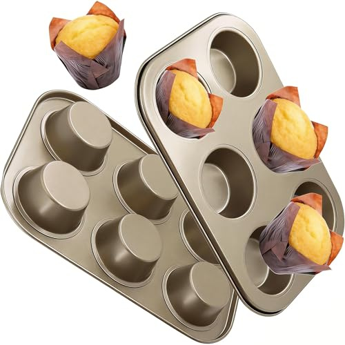 CLDFDC Lot de 2 Moules à Muffins 6 Cavités en Acier au Carbone | Revêtement Antiadhésif Multiusages pour Muffins, Cupcakes Puddings