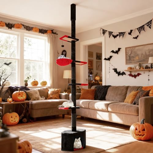 COSTWAY Kratzbaum deckenhoch, 245-300 cm, von Boden bis Decke, Gotisch Halloween, 5-stöckiger Katzenbaum, Katzenkratzbaum hoch, Kletterbaum mit Sisal-Kratzpfosten, Korb, Höhle & Plattform, Rot+Schwarz