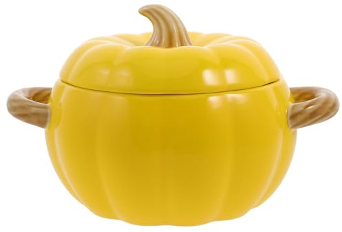 Veemoon Cuenco de Cerámica con Forma de Calabaza Amarilla, Doble Asa y Tapa, Recipiente para Sopa Resistente y Reutilizable, Adecuado para Comedor, Restaurante y Hogar, Aislamiento