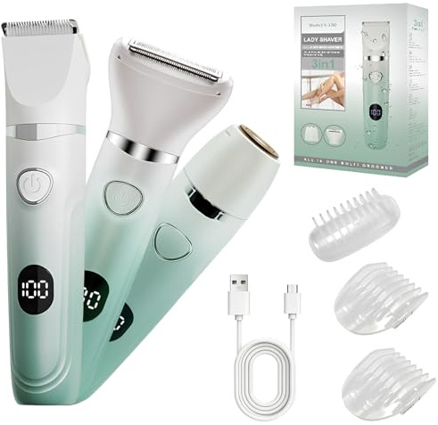 Rasoir Electrique Femme, Tondeuse Femme Intime 3 en 1, Epilateur Electrique pour le Visage, les Aisselles, les Jambes, les Bras et la Zone Bikini, Utilisation à Sec et Sous l'eau avec Écran LCD