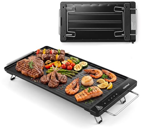 COSTWAY 1300W Piastra Elettrica con Temperatura Regolabile e Termostato | Griglia da Tavolo per Barbecue con Manici Retrattili, Gambe Pieghevoli, 60 x 28 x 7,5 cm
