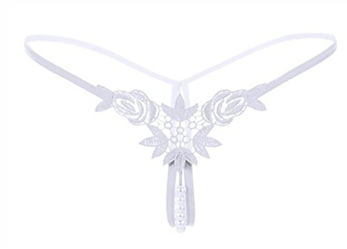 BROWOL Broderie sous-vêtements en Mme Sexy Perle Faible String Taille Fleurs sous-vêtements en Perspective (Blanche)
