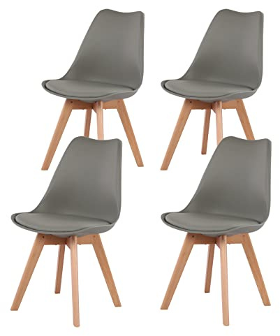 H.J WeDoo Pack de 4 Silla de Comedor Silla Escandinava, Pata Madera de Haya y Asiento Acolchado, Estilo Nórdico - Gris